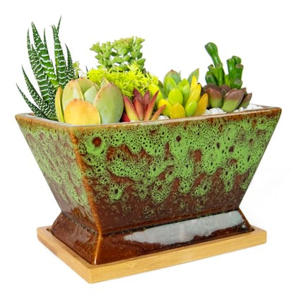 ARTKETTY Succulent Pots - 7 Inch Large Plant Pots with Drainage Tray - color: Green With Tray