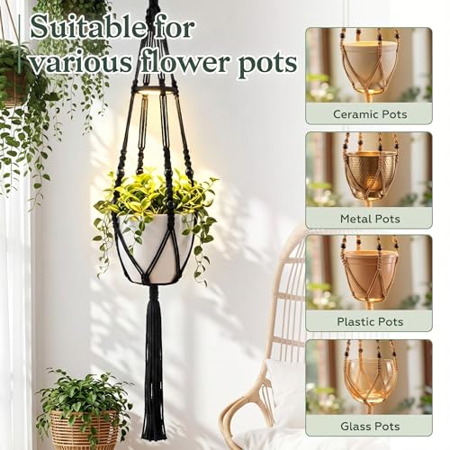 Huquary 3 Pack Macrame Hanging Plant Hanger with Grow Light,Black - color: Black