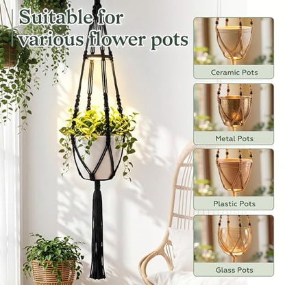 Huquary 3 Pack Macrame Hanging Plant Hanger with Grow Light,Black - color: Black