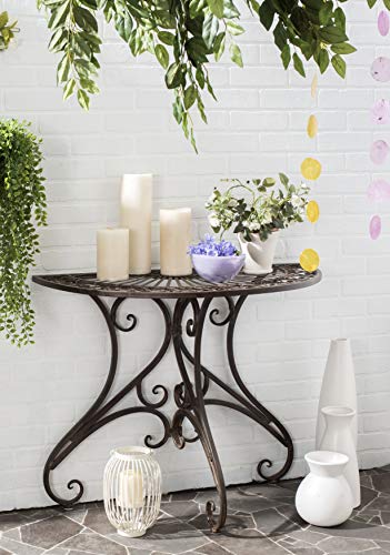 SAFAVIEH Outdoor - Annalise Half-Moon Accent Table - Rustic Brown Iron Metal - Vintage Baroque Scrollwork - Ideal for Patio, Deck, Porch, Garden, 35.5" W x 18.5" D x 29" H (PAT5008B) - color: Rustic Brown