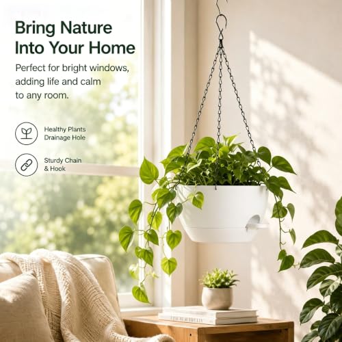 2 Pack 12 Inch Self‑Watering Hanging Planters Plant Pots, White - color: White