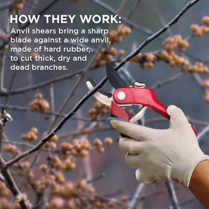 Nevlers 8" Red Anvil Pruning Shears for Gardening w/ 8mm Cut Capacity - color: Red, size: Anvil