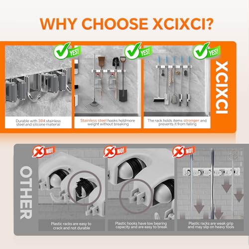 5 Grippers Broom Holder Wall Mount with 4 Hooks Stainless Steel, Silver - color: A-Silver, size: 5PCS Gripper