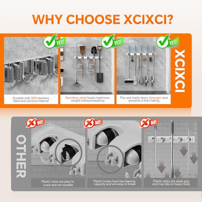 5 Grippers Broom Holder Wall Mount with 4 Hooks Stainless Steel, Silver - color: A-Silver, size: 5PCS Gripper