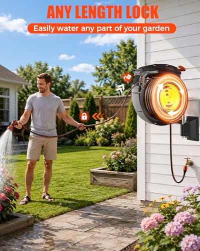 100FT Retractable Garden Hose Reel 1/2 Inch, Wall Mounted Heavy Duty Water Hose with Auto-Lock, Slow Return, 180° Swivel Bracket & 9-Pattern Spray Nozzle, UV Resistant Outdoor Hose Storage System
