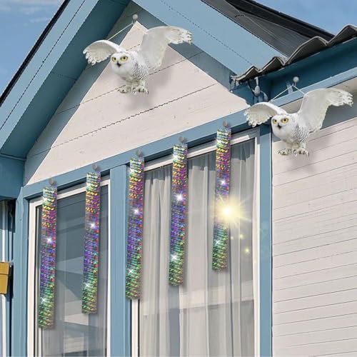 2PCS Fake Owl to Keep Pigeon Away from Balcony Flat Paper Garden Owl to Scare Woodpecker Away from House Hanging Plastic Owls with Reflective Tape Pigeons Scare Devices for Outdoor Porch Patio Roof - color: White 2pcs