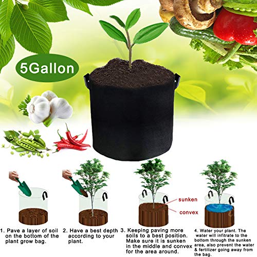 JES&MEDIS 12-Pack 5 Gallon Plant Grow Bags Thick Aeration Non Woven Fabric Flower Vegetable Pots with Handles Garden Container Black (5 Gallon_12 Pack) - size: 5Gallon_12Pack