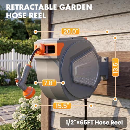 NEWBULIG Garden Hose Reel, 1/2" x 65 ft Retractable Heavy Duty Water Hose - color: Orange, size: 1/2" x 65 FT