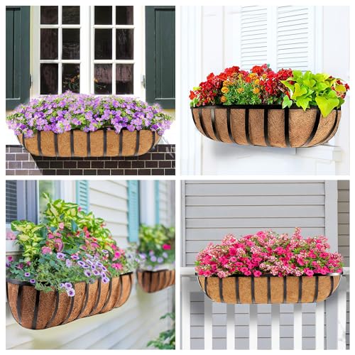 HFHOME 2 Pcs 24" Railing Planter Box with Horse Trough Coco Liners, Black Window Boxes Metal Hanging Flower Planters Baskets for Indoor, Outdoor, Balcony, Porch, Fence, Patio, and Lawn - size: 24 Inch 2-Pack Classic-Pattern