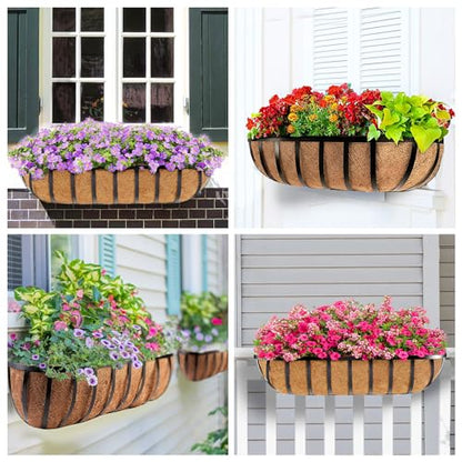 HFHOME 2 Pcs 24" Railing Planter Box with Horse Trough Coco Liners, Black Window Boxes Metal Hanging Flower Planters Baskets for Indoor, Outdoor, Balcony, Porch, Fence, Patio, and Lawn - size: 24 Inch 2-Pack Classic-Pattern