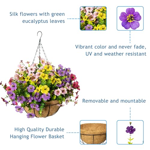 Artificial Hanging Flowers, UV Resistant, 12 Bundles, Mix - color: Purple+pink+yellow+rose Red