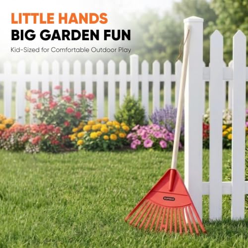 Superio Kids Leaf Rake, 34-Inch Lawn & Garden Rake with Hardwood Handle and Durable Plastic Head, Leaf Cleanup Tool, Red 1 Pack - color: Red