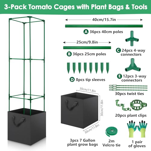 3 Pack Tomato Cages for Garden, Square Tomato Trellis with Grow Bags, 49 IN Tall Heavy Duty Tomato Plant Stakes Support Cages Trellis for Raised Beds Pots Garden Climbing Vegetables Flowers Fruits - color: 3 Pack Tomato Cages