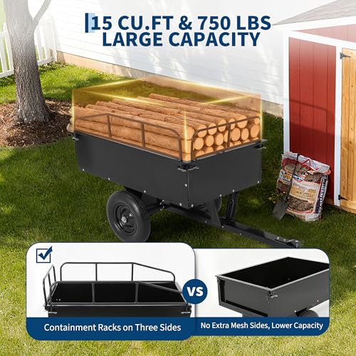 Heavy Duty ATV Trailer Tow Behind Steel Dump Cart 750LBS Capacity, 15 Cu. Ft Garden Utility Trailer with Removable Sides & Rear Hitch, Reinforced Steel Frame, for Riding Lawn Mower Tractor