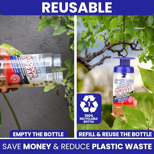 3 Reusable Outdoor Fly Trap with Chains with 9 Non-Toxic Dissolvable Bait Refills