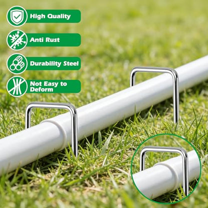 100 Pack Landscape Staples and 100 Pack Gaskets,11 Gauge 12" Galvanized Steel Garden Staples with Black Pads Turf Staples for Weed Barrier Grass - size: 12 in