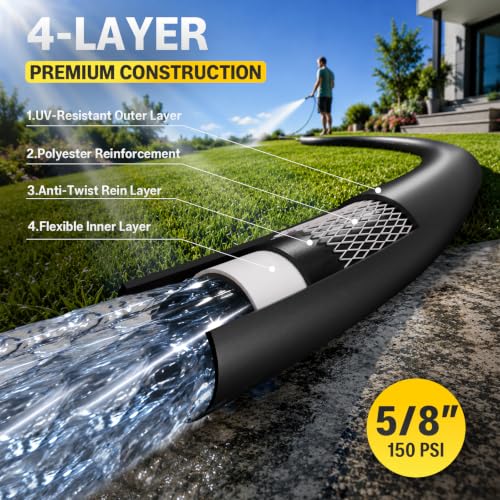 Heavy Duty Garden Hose 100ft, 5/8" Rubber Hose Durable 4 Layer Construction - size: 100ft 5/8"
