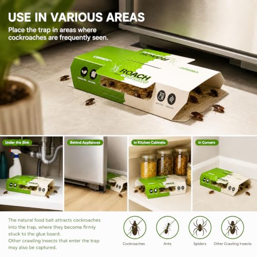 Cockroach Glue Traps with Natural Food Bait, Sticky Roach & Bug Traps, Strong Adhesive Insect Catcher for Cockroaches, Spiders, Crickets & Scorpions, Non-Toxic, Odorless, 20 Pack