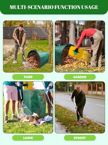 Adjustable Metal Leaf Rake Set Garden Rake for Leaves Long Handle 37"-63" Expandable Head Gardening Tools Set Includes 44 Gallon Bag & Scoop & Gloves Rakes for Lawns Heavy Duty for Yard Lawn Garden