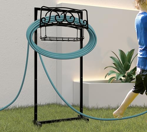 Kingson Water Hose Holder Freestanding, Garden Hose Holder Holds 150-Feet Hose, Heavy Duty Steel Garden Hose Storage Stand with Detachable Storage Basket for Outside Yard Lawn