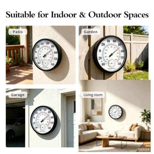 10" Indoor Outdoor Thermometer Hygrometer, Weatherproof Gauge (Black) - color: Black