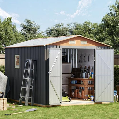 10×8FT Metal Shed & Outdoor Storage Shed with Floor Frame(Matte Gray) - size: 8*10FT(Base Included)
