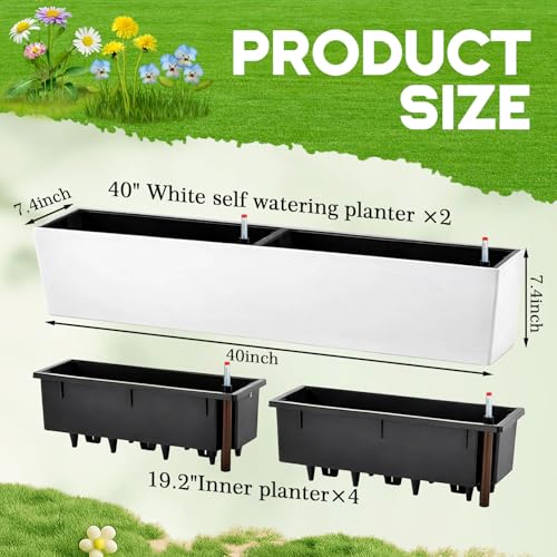 2 Pack Hanging Wall Planter Boxes 40" Large White Rectangular Flower Box with Window Bracket Self Watering System Railing Planter Outdoor Plant Pot Container Deck Rail Fence Balcony - color: White