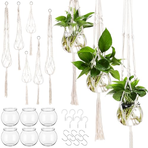 Colingmill 6 Pcs Boho Macrame Plant Hanger with Small Plastic Pot Hanging Plant Holder Wall Planter Propagation Station Include Hooks Kit for Indoor Home Garden Office Decor 3 Size (White) - color: White