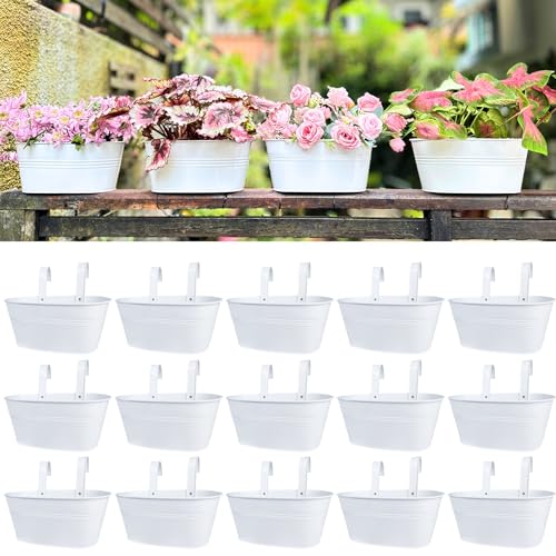 LaLaGreen Balcony Rail Planter (11.2 in, 15 Pack) White Metal Hanging Pots - size: 11.2" (28 cm) x 15 Pack