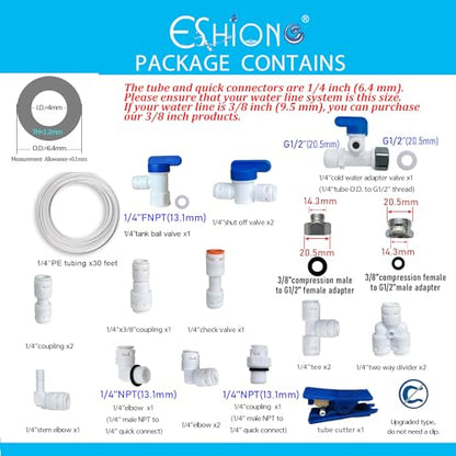 ESHIONG NSF Certified 1/4" O.D. Push to Connect Fittings for RO (Reverse Osmosis) Water Filter（with Shut-Off T Valve）18 pcs+30 feet 1/4" Water tubing. - style: 1/4" Cold Water Adapter Valve Kit