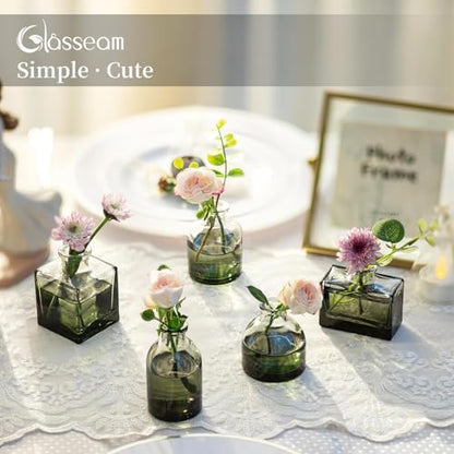 Glasseam Small Vases for Flowers, Green Mini Glass Bud Vases Set of 5 - color: Green, size: 5Pcs- Mini Vases