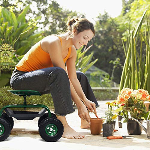 Rolling Garden Cart with Seat, Heavy Duty Gardening Scooter w/Wheels, Storage & Extendable Steering Handle, Garden Work Seat for Planting, Green