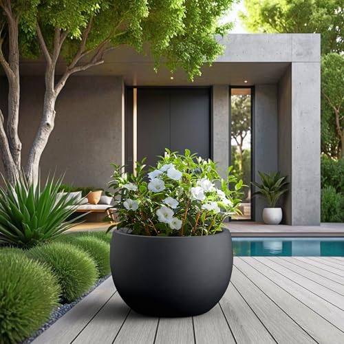 Kante Black Concrete Planter 20" Dia All-Weather Round Large Pot - color: Black, size: 19.9-Inch Dia