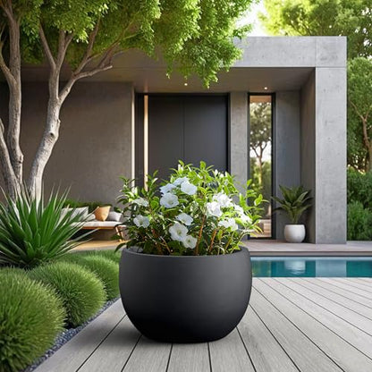 Kante Black Concrete Planter 20" Dia All-Weather Round Large Pot - color: Black, size: 19.9-Inch Dia