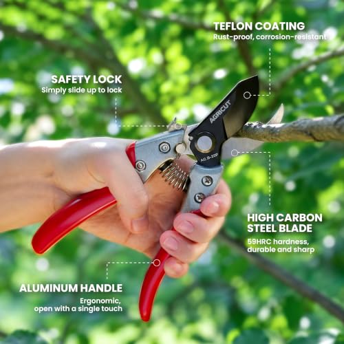 AGRICUT Pruning Shears, 7/8-Inch Cut Capacity Hand Clippers, Bypass Pruners, Gardening Scissors with Sharp Steel Blade (Aluminum Handle, High Carbon Steel) - style: Aluminum Handle, High Carbon Steel