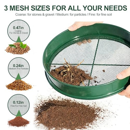 11.8 Inch Garden Soil Sifter Set Dirt Sifter with Interchangeable Screens,Multi-Functional Rock Sifter for Gardening Compost Bonsai and Sand Separation (Green) - color: Green