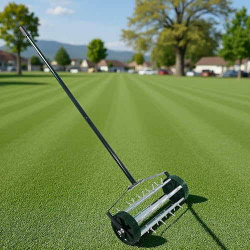 Push Lawn Aerator 57" Handle, 1.4" Rolling Spikes Durable Galvanized Steel, Manual Core Aeration Tool for Compacted Soil, Rustproof, Easy Assembly