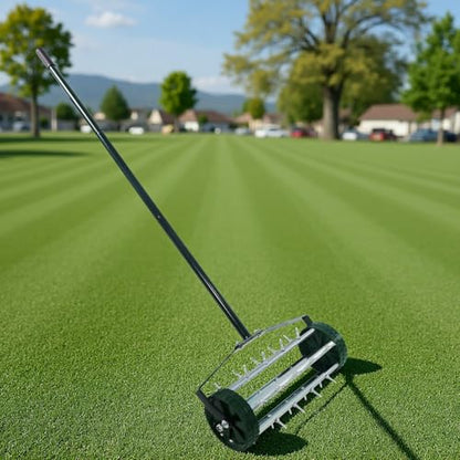 Push Lawn Aerator 57" Handle, 1.4" Rolling Spikes Durable Galvanized Steel, Manual Core Aeration Tool for Compacted Soil, Rustproof, Easy Assembly