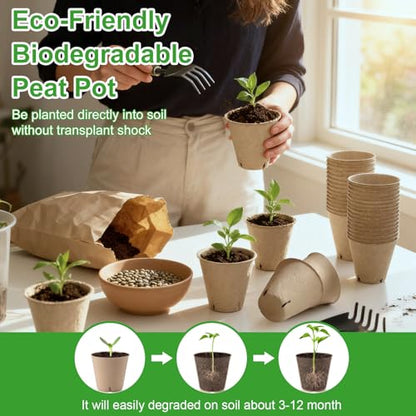 Baxrou 120 Pack 3.15 Inch Peat Pots with 30 Labels and 2 Transplant Tools - style: Round