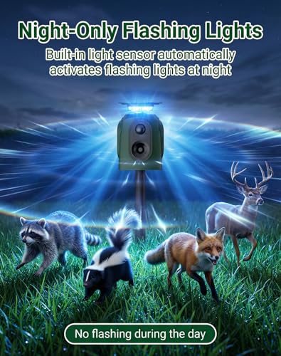 360° Solar Deer Repellent Devices, Motion Activated Cat Repellent Outdoor with LED Lights, Waterproof Ultrasonic Animal Repeller, Repel Coyote, Raccoon & Skunk Out of Yard
