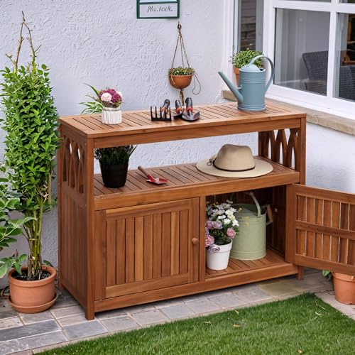 Flamaker Acacia Wood Outdoor Storage Cabinet,Waterproof Potting Table,Brown - color: Brown