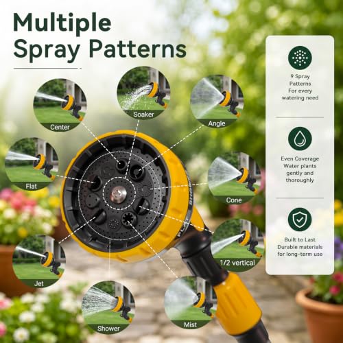 Watering Wand Heavy Duty, 26-35.4" watering wand for garden hose With 9 Spray Patterns & 180° Swivel Head Non-Slip Handle For Plants Hanging Baskets Patio Cleaning
