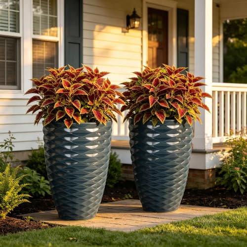 19" Wavy Ceramic-Look Outdoor Planters for Plants Set of 2 Tall Pots - color: 19"h-navy Blue Wavy