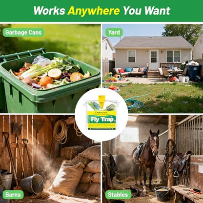 Fly Traps Outdoor with Food Bait, Disposable Flies Bags Outside, Hanging Flying Insect Control, Pest Killer Repellent, Bug Catchers Backyard, Patio, Ranch, Trash Can, 6 Pack