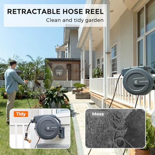 Giraffe Tools Retractable Garden Hose Reel 1/2 Inch x 155+5 ft and Hose Reel 1/2 Inch x 130 ft, Heavy Duty, Any Length Lock, Slow Return System, Wall Mounted and 180 Deg Swivel Bracket