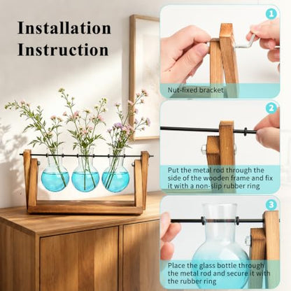 XXXFLOWER Plant Terrarium Kit with Wooden Stand 3 Gradient Blue Bulb Vases - color: Blue