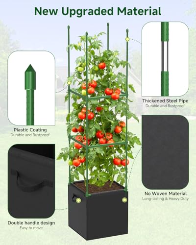 4 Pack Square Tomato Trellis Cages 55 Inch Height, with 17 Gallon Square Grow Bags (12×12in), Heavy Duty Tomato Plant Support Stakes for Outdoor Garden Climbing