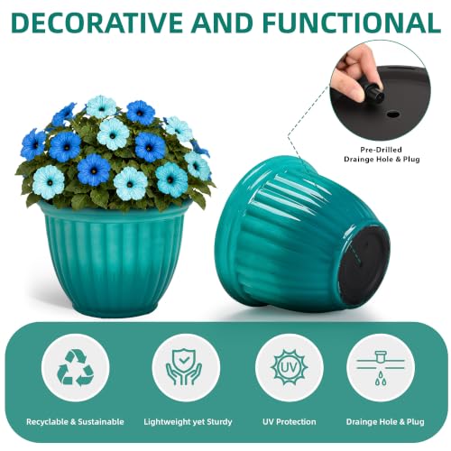 Autodaya 15" Large Planters For Outdoor Plants Set Of 2 Plastic Flower Pots - color: 15"-gradient Teal Green