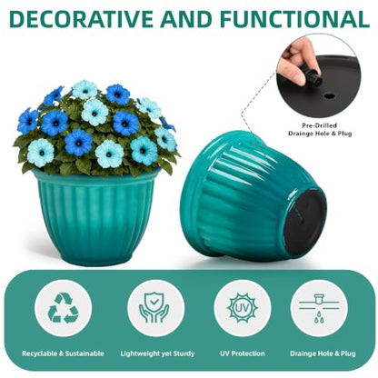 Autodaya 15" Large Planters For Outdoor Plants Set Of 2 Plastic Flower Pots - color: 15"-gradient Teal Green