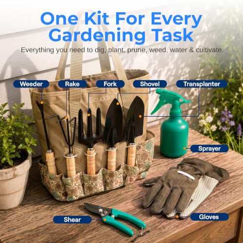 Scuddles 8-Piece Garden Tool Set with Carry Bag, Includes Shovel, Trowel, Rake & Hand Tools for All Gardening Tasks, Heavy Duty Lightweight Design 2.2 lb – Perfect for Men, Women & Gardening Gifts - color: Light Green